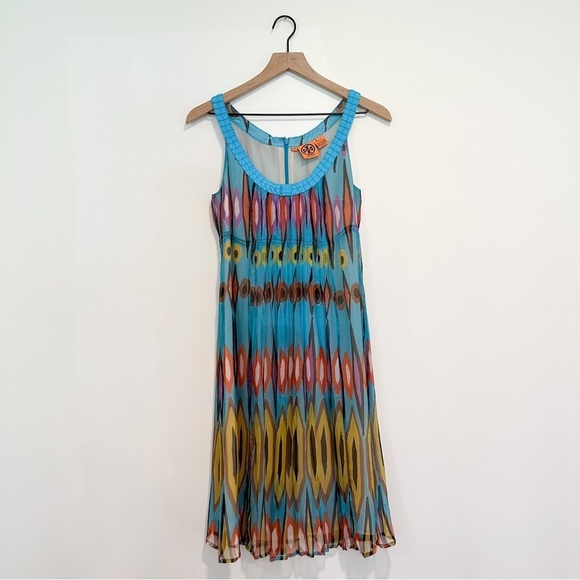 Tory Burch Silk Colorful Dress Ikat Peacock Pleated Sleeveless Midi Luxury Prep - Picture 1 of 7